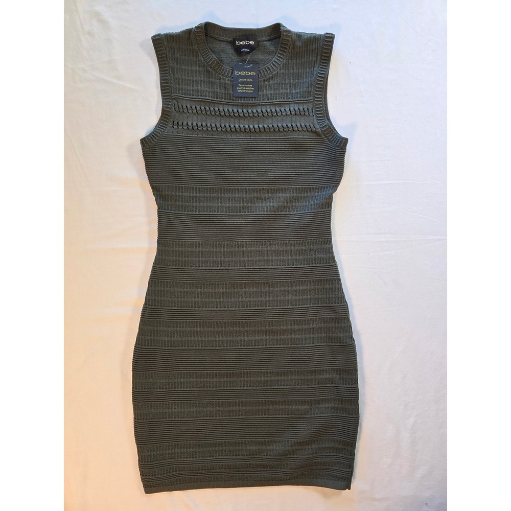 Bebe Women Olive Green Ribbed Bandage Bodycon Mini Dress‎ Pointelle SKU281647